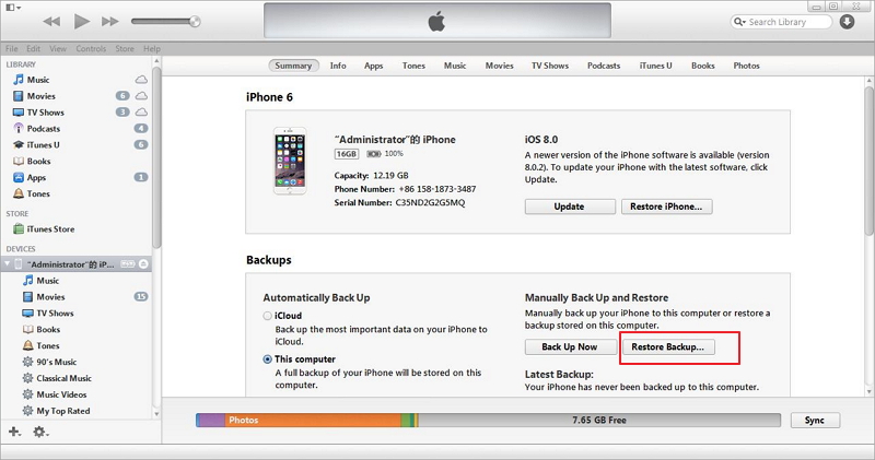 Restore iTunes Backup to iPhone