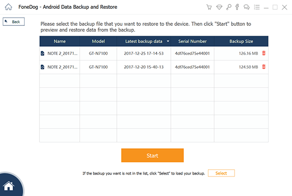 Select Backup Files to Restore