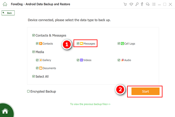 Selecione mensagens para backup