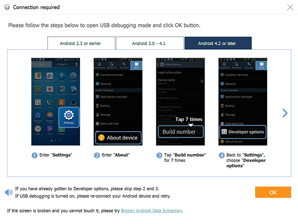 Connect Device to Recover Deleted Text Messages from Samsung