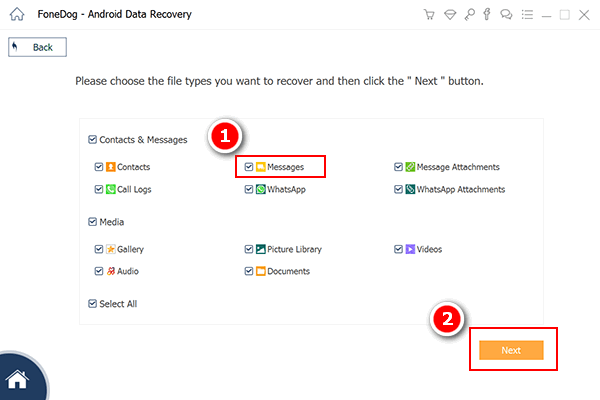 Recuperar mensagens de texto excluídas no Samsung S22 Ultra com FoneDog Android Data Recovery - Escolha mensagens