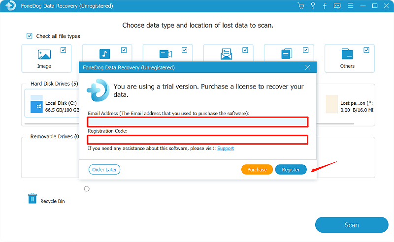 Registrar recuperación de datos FoneDog