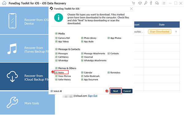 Select iCloud Notes to Recover