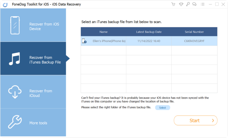 FoneDog Toolkit-iOS 데이터 복구를 시작하고 iTunes에서 복구를 선택하십시오.
