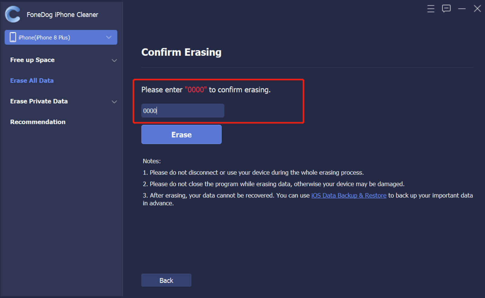 Confirm and Erase in FoneDog iPhone Cleaner When iCloud Cannot Delete Backup