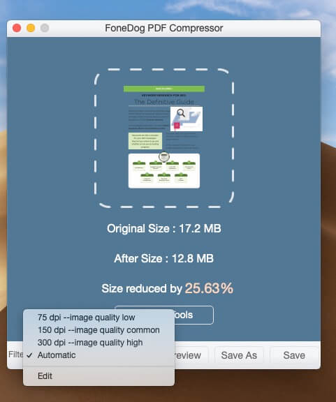 Opción de filtro de la aplicación de compresor de PDF