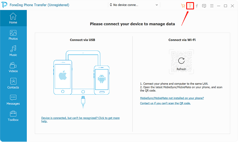 Gå in i FoneDog Phone Transfer Registration Window