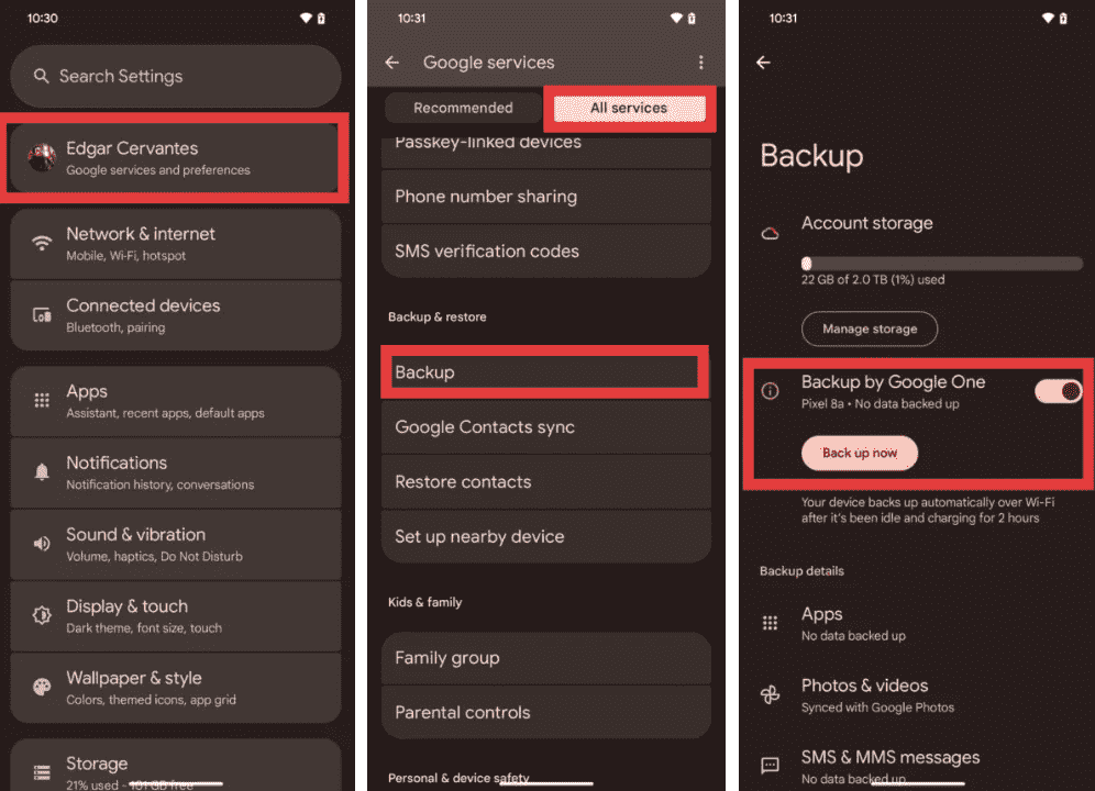 Transfira seus contatos usando o backup do Google Drive.