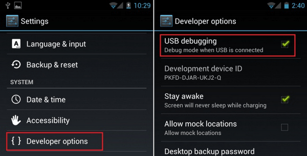 Depuração USB Android 3.0-4.1