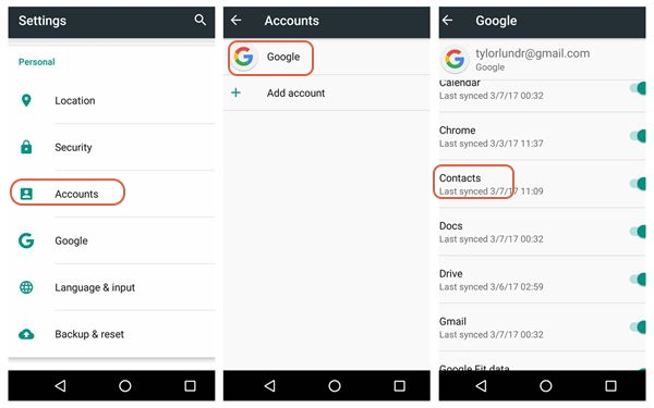 Google 계정의 연락처 동기화 확인