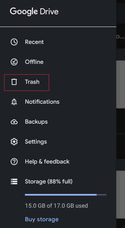 Android Google 드라이브 앱에서 휴지통 찾기