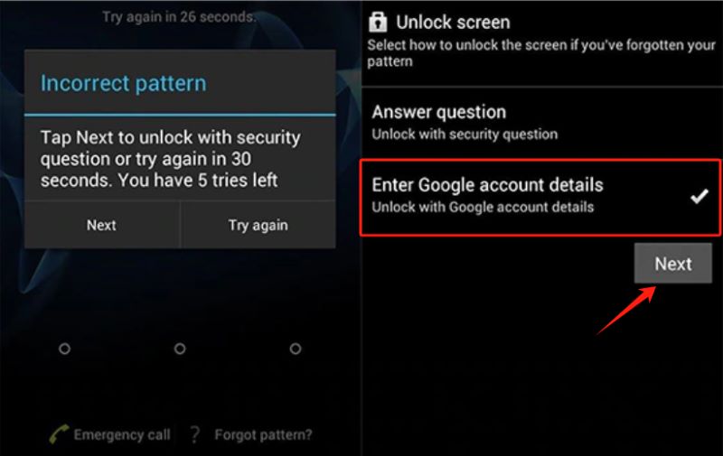 Enter Google Account Details to Bypass Android Lock Screen
