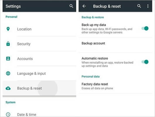 Redefinição de backup e restauração do Google