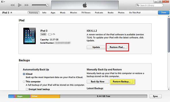 Restaurar o iPad a partir de backups do iTunes