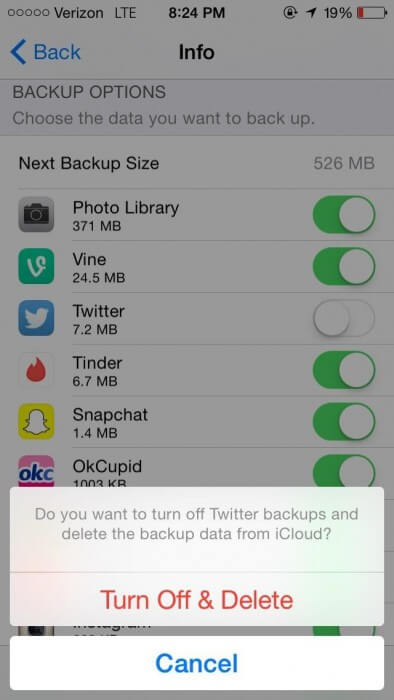 Desative o backup de aplicativos grandes