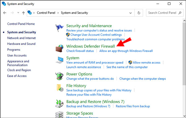 Windows Defender 방화벽 선택