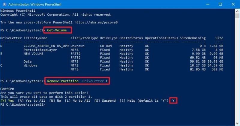 Windows Excluir partição usando o Windows PowerShell