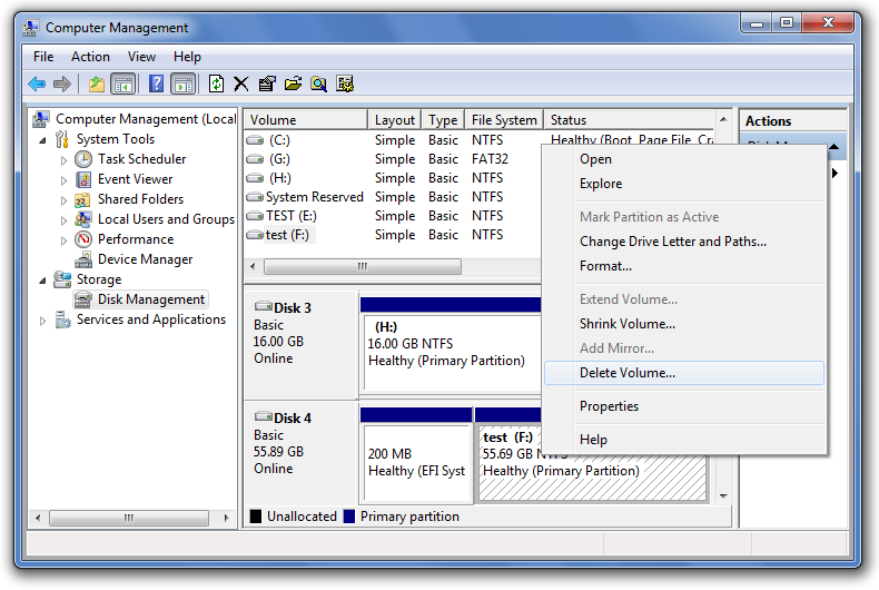 Windows 디스크 관리를 통한 파티션 삭제