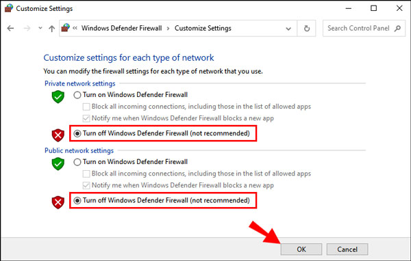 Marque Desativar o Firewall do Windows Defender
