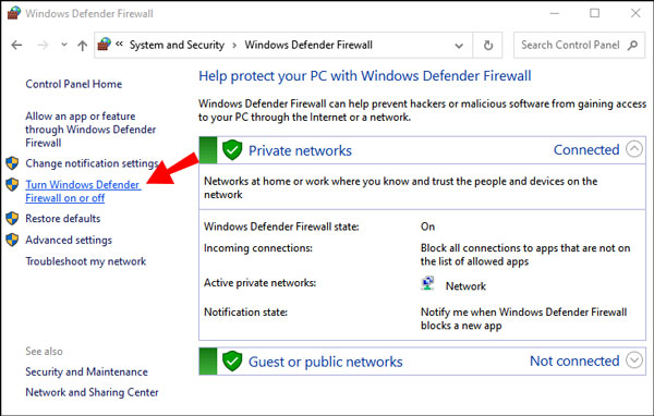 Click Turn Windows Defender Firewall On or Off