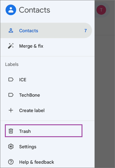 Återställ Google Contacts med Google Contacts Trash på mobilappen