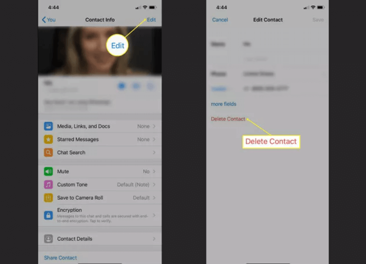 Tap Delete Contact to Delete A WhatsApp Contact From Your iPhone