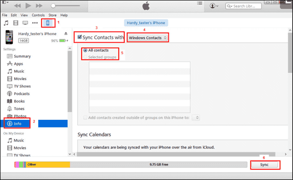 Sincronize contatos com o iTunes