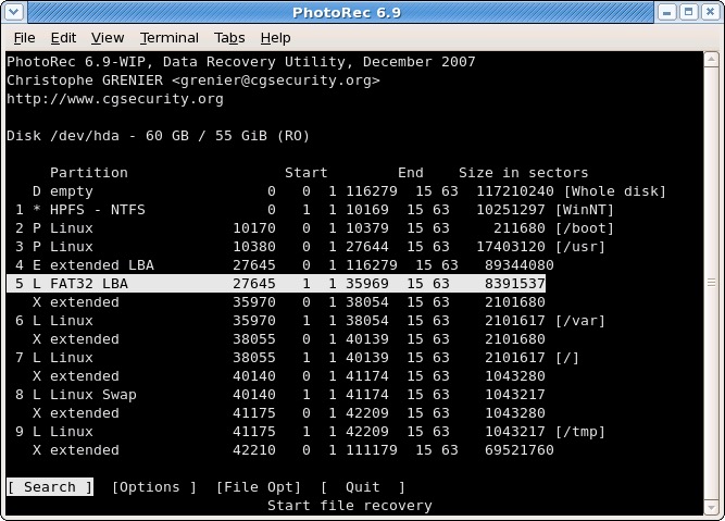 Choose A Partition In PhotoRec