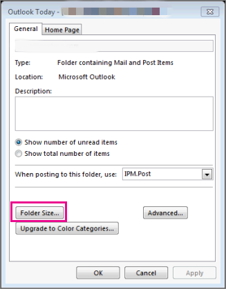 Outlook PST를 찾을 수 없음을 수정하려면 폴더 크기를 참조하십시오.