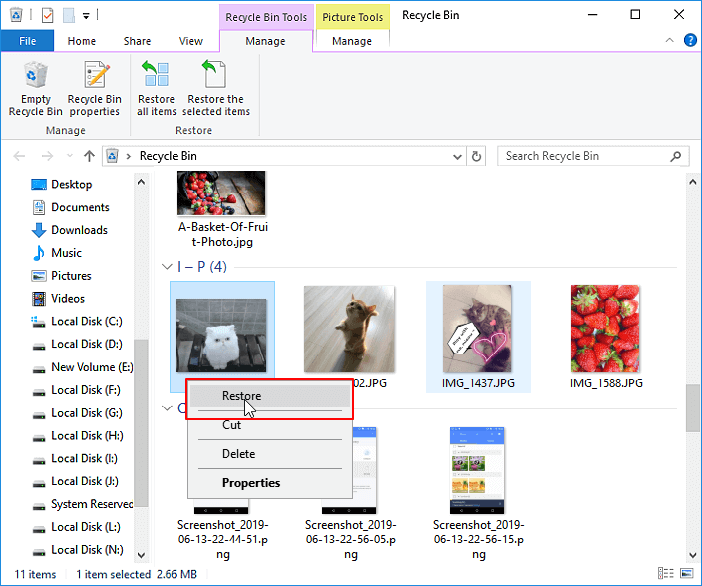Windows의 휴지통을 통한 JPEG 복구 소프트웨어