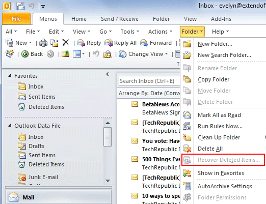 Återställ raderad e-post Outlook 2010