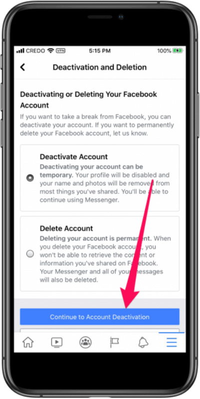 Välj Fortsätt till kontoinaktivering efter avaktivera konto i Facebook