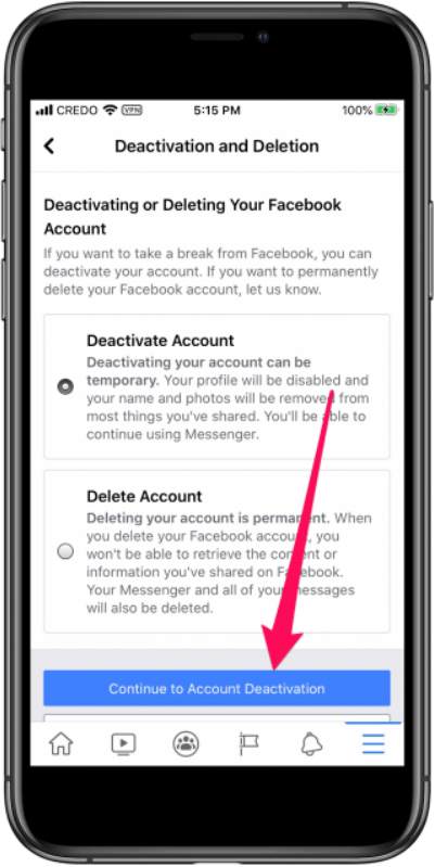 Escolha Continuar para a desativação da conta após desativar a conta no Facebook