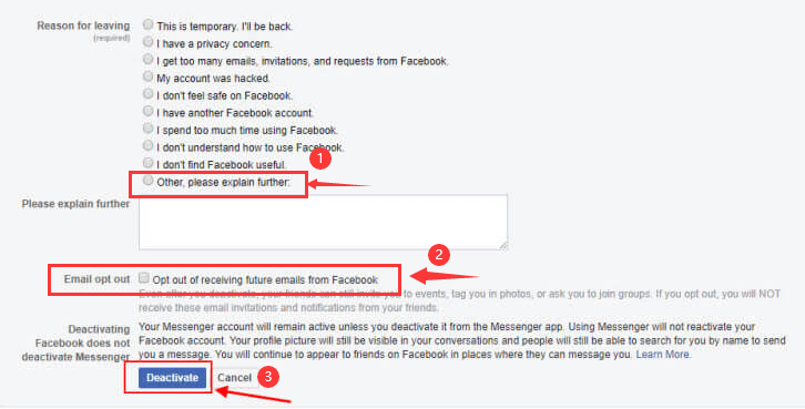 Click Deactivate to Delete Facebook But Keep Messenger