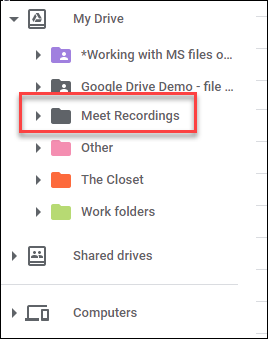Gravações do Google Meet no Google Drive