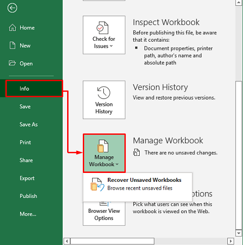 Återställ tidigare version av Excel-fil med Manage Workbook