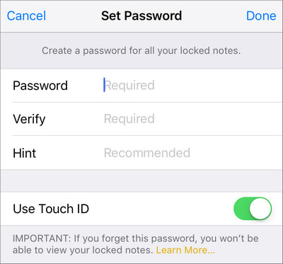 Set Notes Password iOS 11