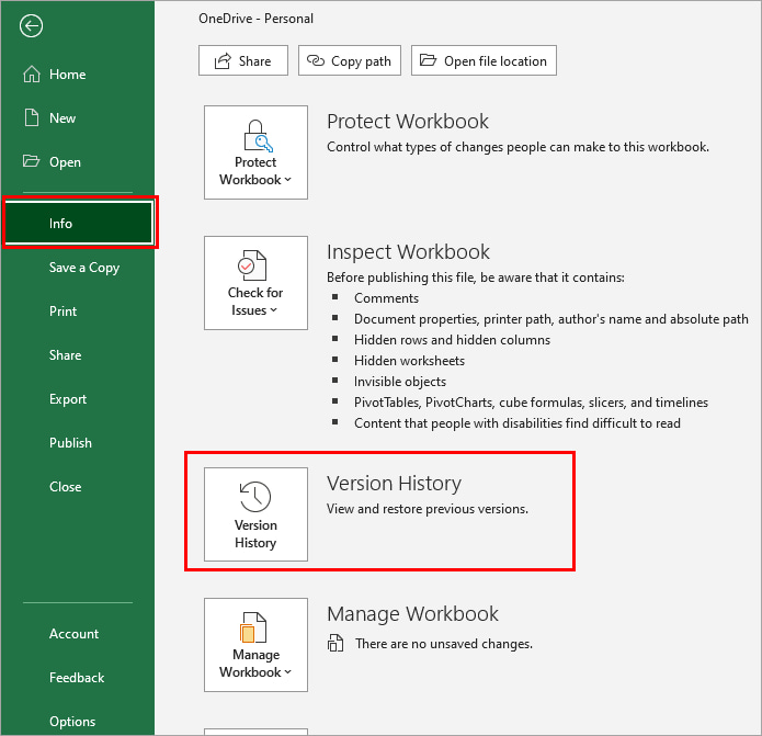 Recuperar a versão anterior do arquivo Excel usando o histórico de versões no Excel