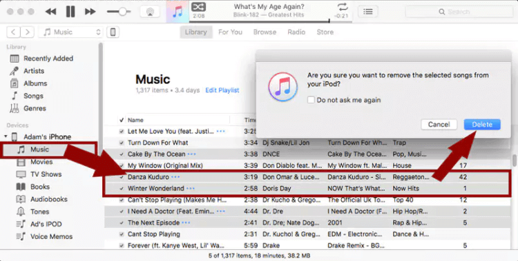 Como faço para excluir músicas do iPod no iTunes manualmente