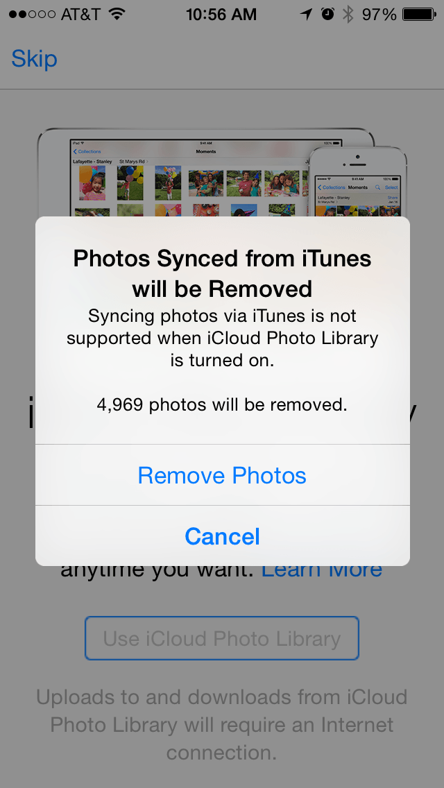 Foton som synkroniserats från iTunes kommer att tas bort