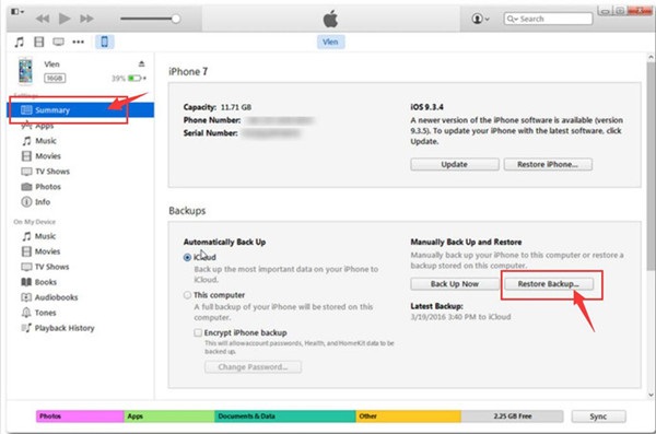 Recuperar mensagens de texto excluídas (iPhone 7) usando o iTunes