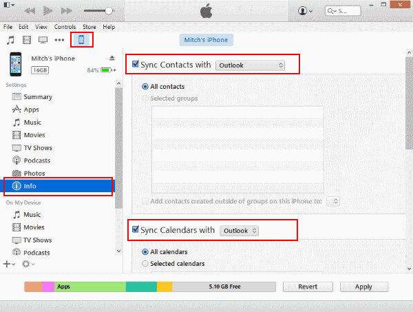 iTunes를 사용하여 Outlook 연락처를 iPhone으로 전송