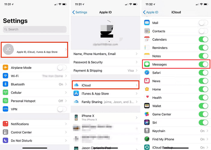 Verifique as configurações do iCloud para o problema “As mensagens não foram transferidas para o novo iPhone”