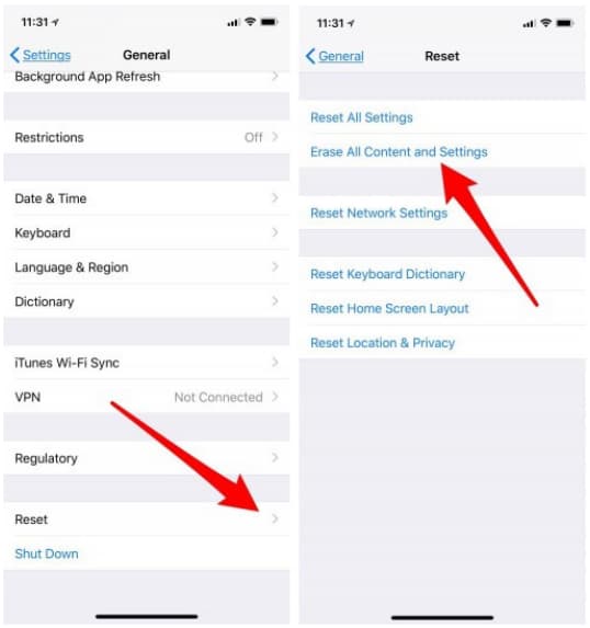 Erase All Content and Settings to Recover Deleted Conversations on iPhone