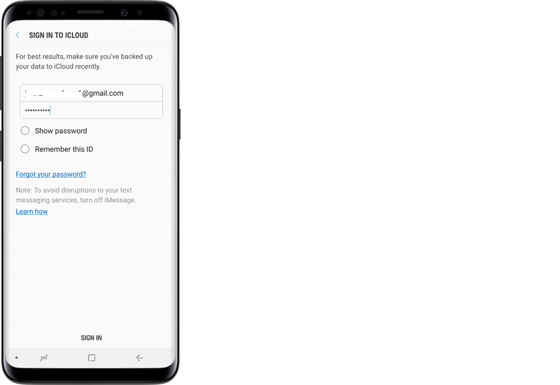 Faça login no iCloud para transferir os dados do seu iPhone para o seu dispositivo Samsung