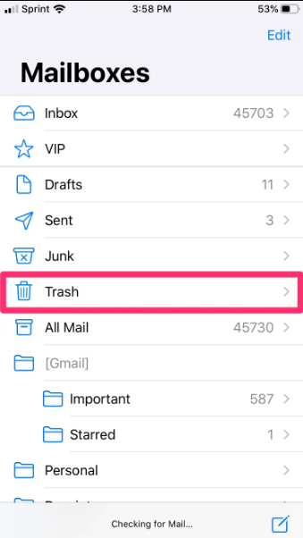 Återställ raderade e-postmeddelanden från papperskorgen på iPhone
