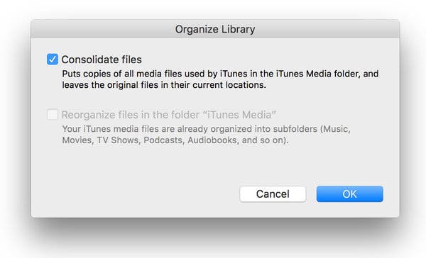 Antes de restaurar a biblioteca anterior do iTunes: consolidar a biblioteca do iTunes