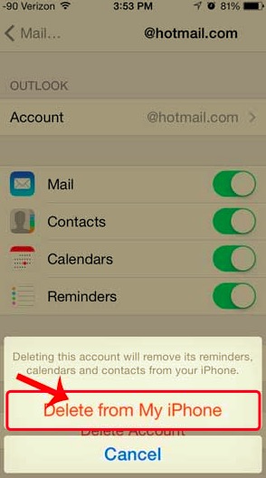 Excluir conta do Hotmail do meu iPhone para corrigir