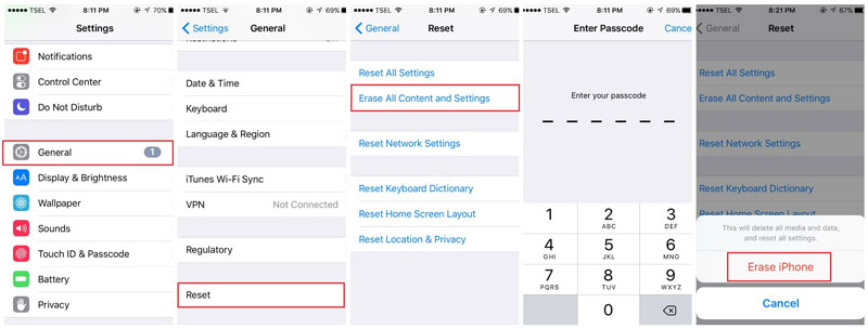 Radera allt innehåll och inställningar för att radera meddelanden från iPhone