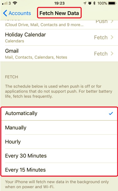 Check the Fetch New Data Settings to fix Hotmail Not Working issue